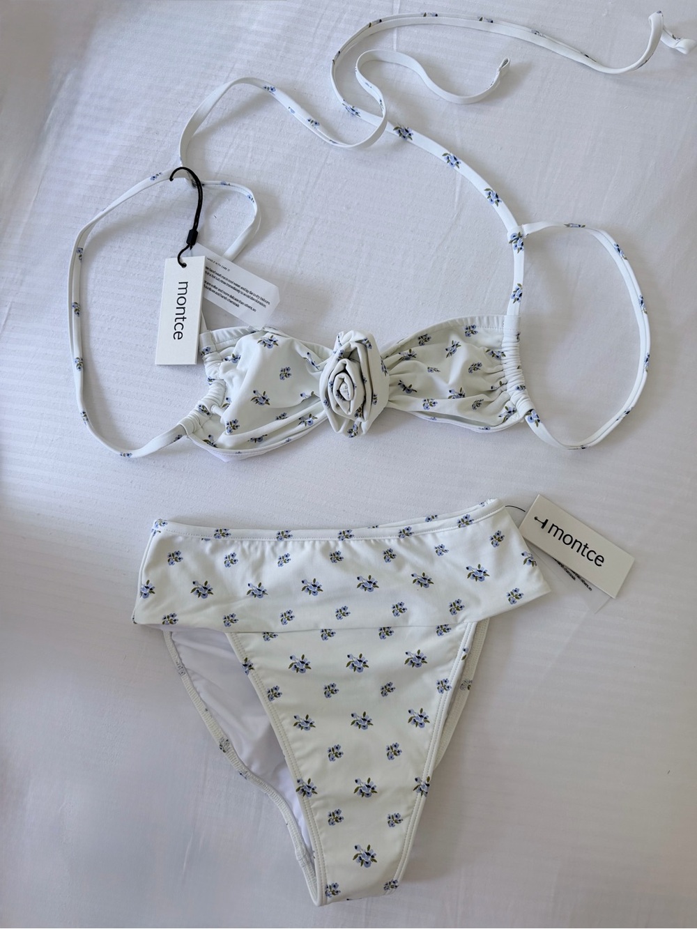 Montce White Floral Knot-Front Bikini Bralette with Blue Print